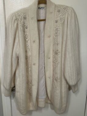 Big Star Cream Open-Front Embellished Cardigan Angora Wool